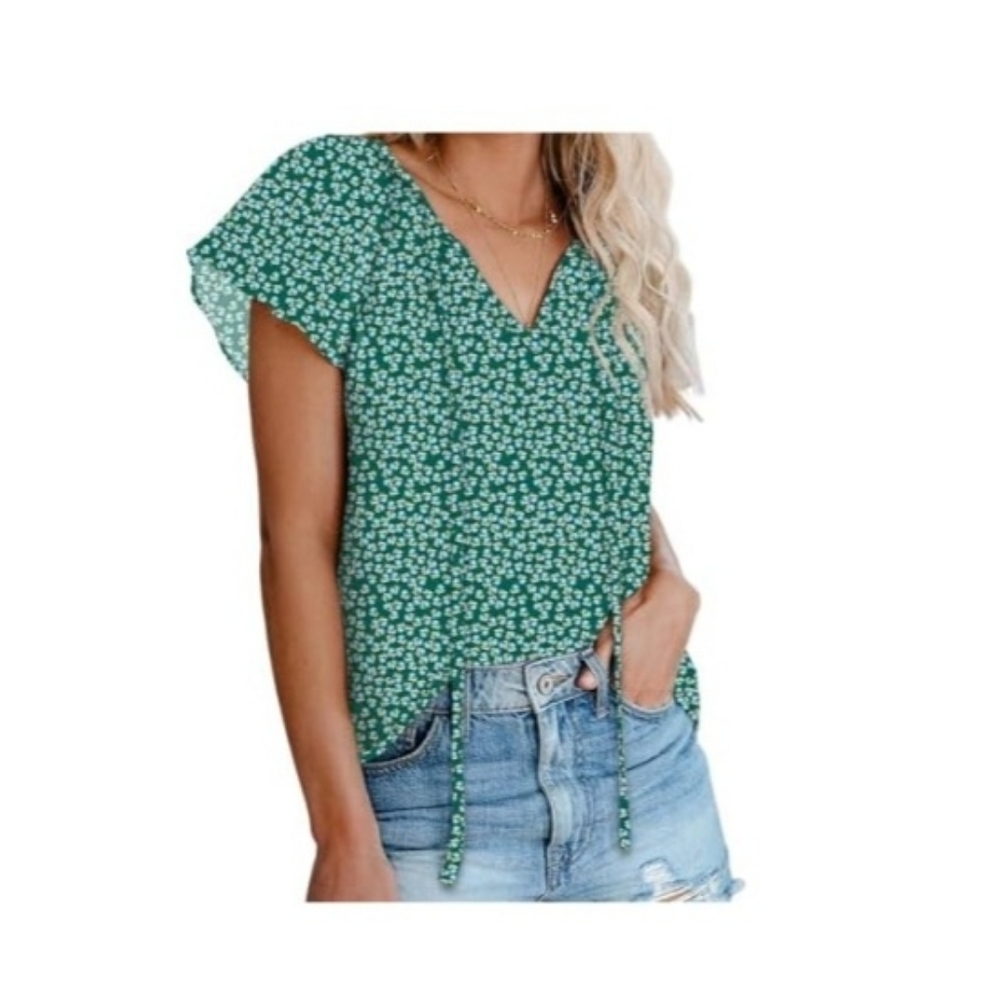 Chic Green Floral V-Neck Blouse